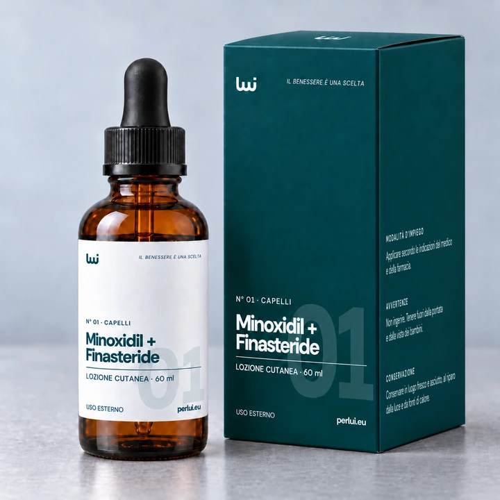 LUI N° 01 · Minoxidil + Finasteride, lozione, prodotto e confezione